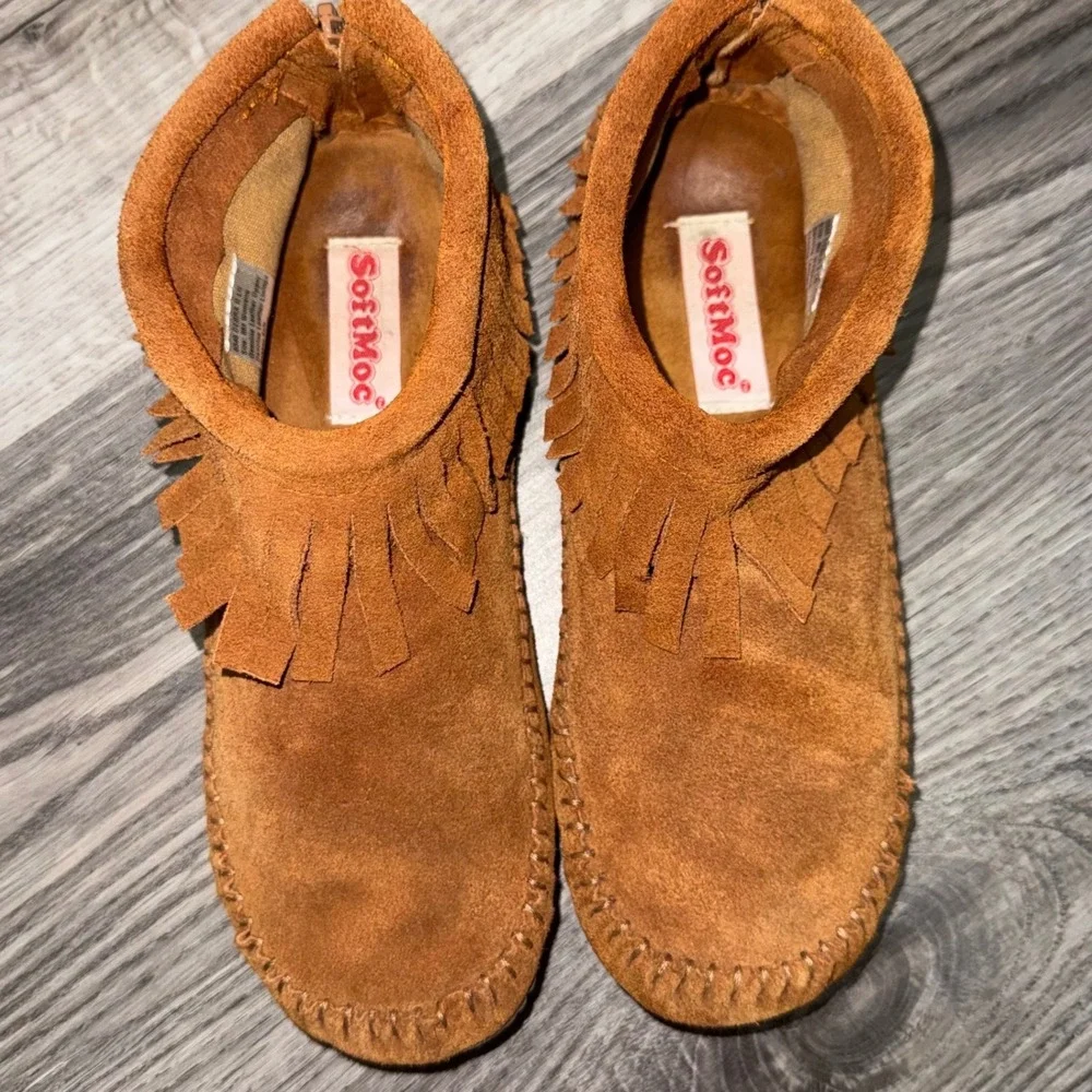 SoftMoc Debra II Lo Women Size 8M Tan Suede Fringe Moccasin Booties Boho Western - Picture 2 of 8